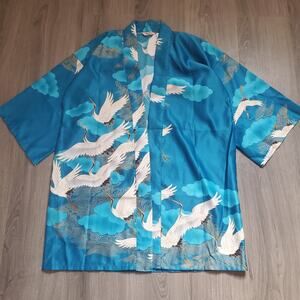 Japanese Kimono Robe Vintage Satin WomenLarge 35 Blue Crane Bird Asian Art Wear